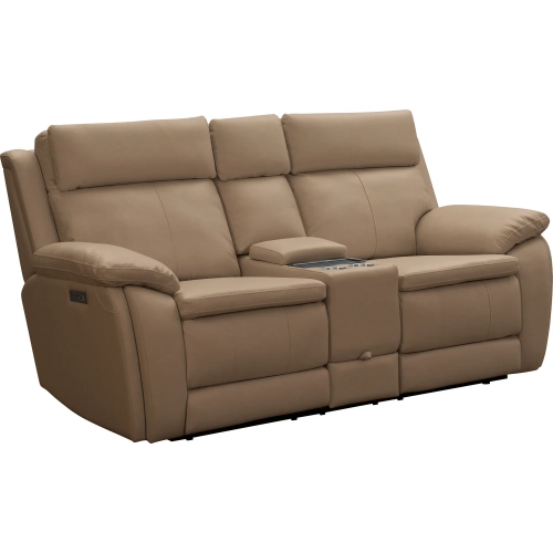 Huntley Zero Gravity Triple Power Reclining Console Loveseat with USB in Sand Brown Top-Grain Leathe
